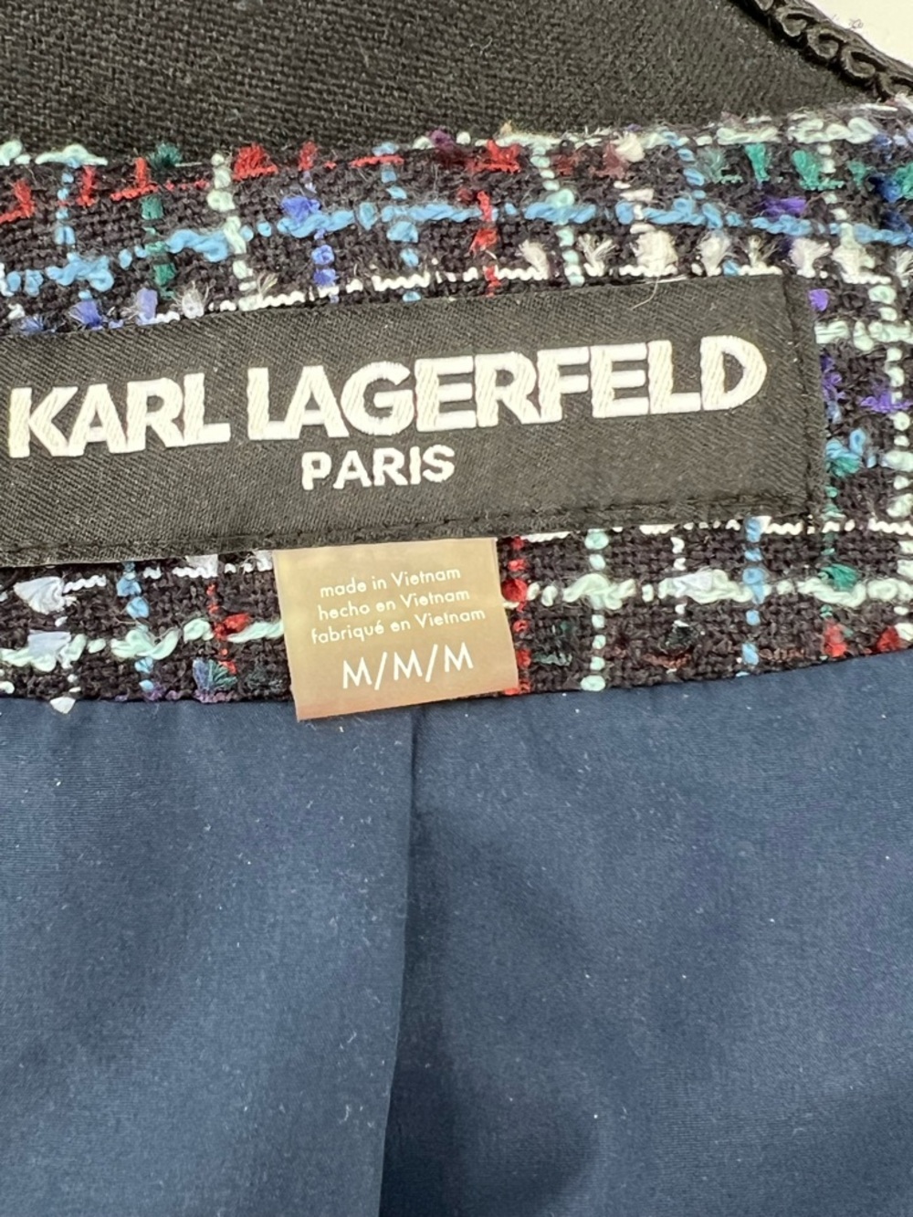 Karl Lagerfeld Paris blue tweed open-front blazer collarless W/fringe trim - Picture 7 of 10